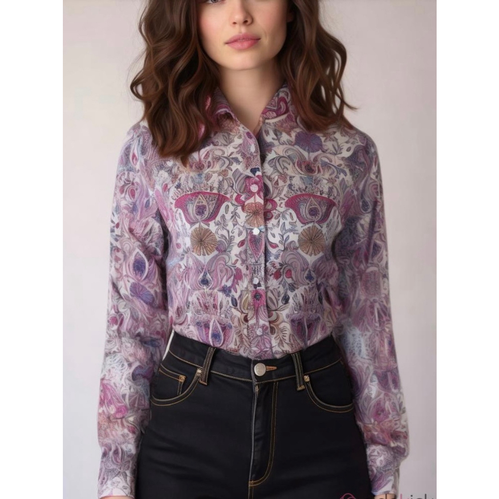 Talbots Women's Button-Up Shirt Size‎ SP White Purple Floral Design Cottagecore